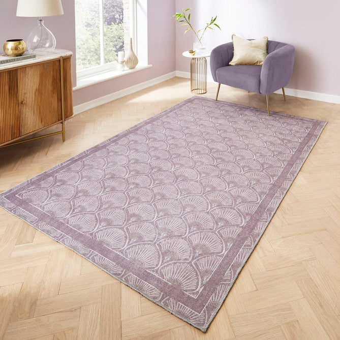 Washable Catherine Lansfield Deco Peacock Lightweight Printed Polyester Flatweave Lilac Rug-Think Rugs-Rug Love - The Most Loved Rug Store