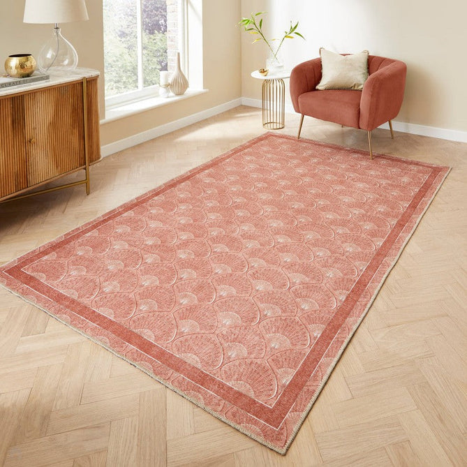 Washable Catherine Lansfield Deco Peacock Terracotta Lightweight Printed Polyester Flatweave Rug-Think Rugs-Rug Love - The Most Loved Rug Store
