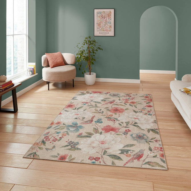 Washable Catherine Lansfield Pipa Floral Lightweight Printed Polyester Flatweave Natural Beige/Coral Red/Teal Blue/Ivory Rug-Think Rugs-Rug Love - The Most Loved Rug Store