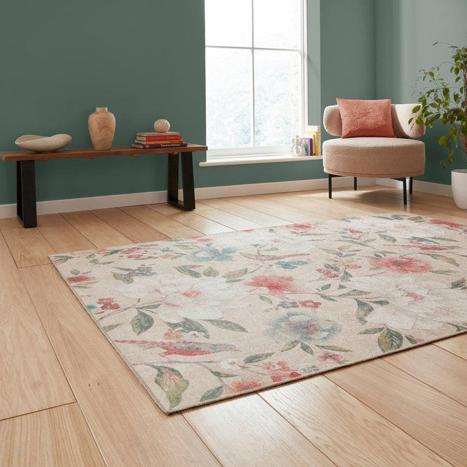 Washable Catherine Lansfield Pipa Floral Lightweight Printed Polyester Flatweave Natural Beige/Coral Red/Teal Blue/Ivory Rug-Think Rugs-Rug Love - The Most Loved Rug Store
