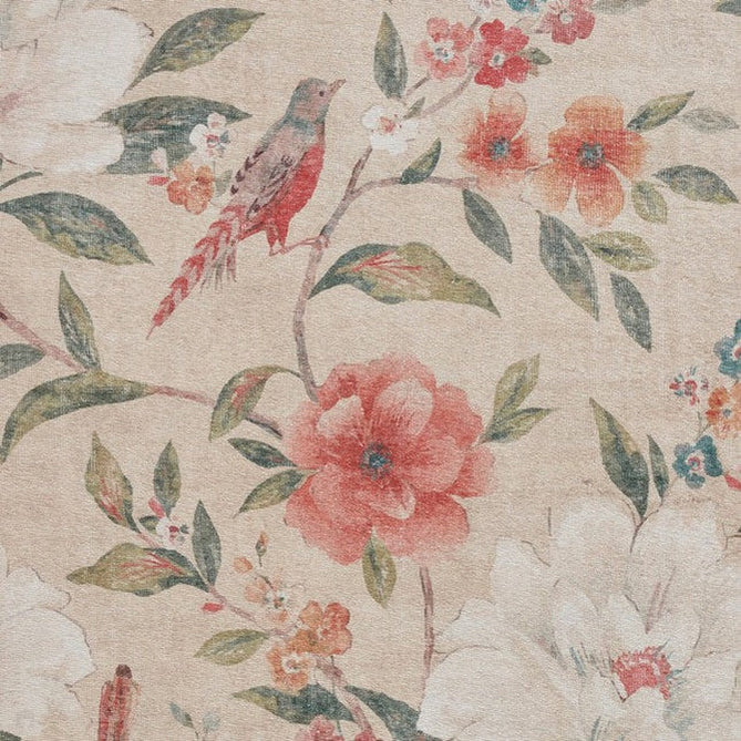 Washable Catherine Lansfield Pipa Floral Lightweight Printed Polyester Flatweave Natural Beige/Coral Red/Teal Blue/Ivory Rug-Think Rugs-Rug Love - The Most Loved Rug Store