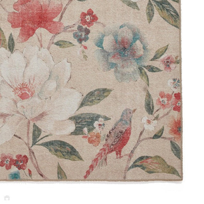Washable Catherine Lansfield Pipa Floral Lightweight Printed Polyester Flatweave Natural Beige/Coral Red/Teal Blue/Ivory Rug-Think Rugs-Rug Love - The Most Loved Rug Store
