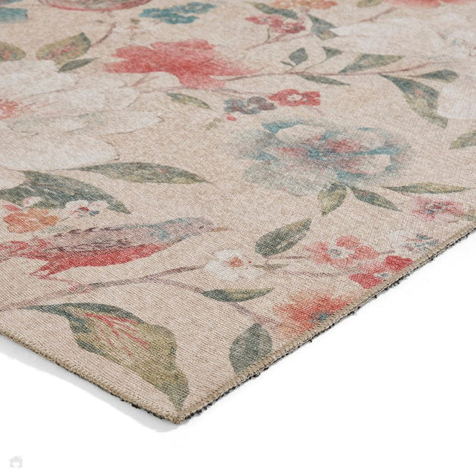 Washable Catherine Lansfield Pipa Floral Lightweight Printed Polyester Flatweave Natural Beige/Coral Red/Teal Blue/Ivory Rug-Think Rugs-Rug Love - The Most Loved Rug Store
