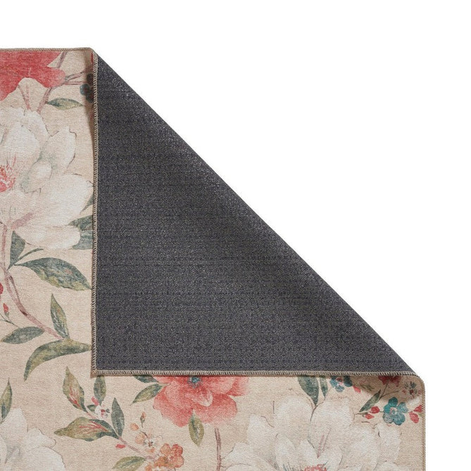 Washable Catherine Lansfield Pipa Floral Lightweight Printed Polyester Flatweave Natural Beige/Coral Red/Teal Blue/Ivory Rug-Think Rugs-Rug Love - The Most Loved Rug Store