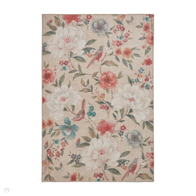 Washable Catherine Lansfield Pipa Floral Lightweight Printed Polyester Flatweave Natural Beige/Coral Red/Teal Blue/Ivory Rug-Think Rugs-Rug Love - The Most Loved Rug Store