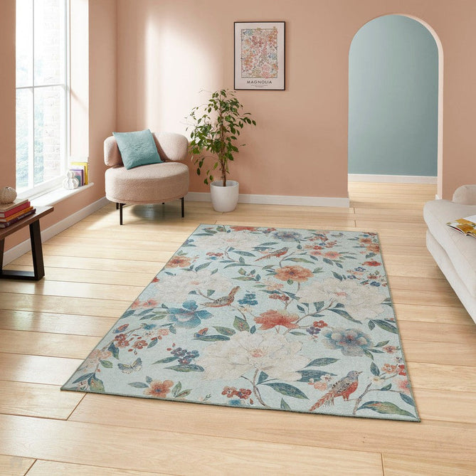 Washable Catherine Lansfield Pipa Floral Lightweight Printed Polyester Flatweave Powder Blue/Coral Red/Terra/Cream Rug-Think Rugs-Rug Love - The Most Loved Rug Store