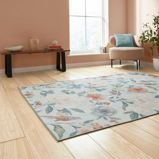 Washable Catherine Lansfield Pipa Floral Lightweight Printed Polyester Flatweave Powder Blue/Coral Red/Terra/Cream Rug-Think Rugs-Rug Love - The Most Loved Rug Store