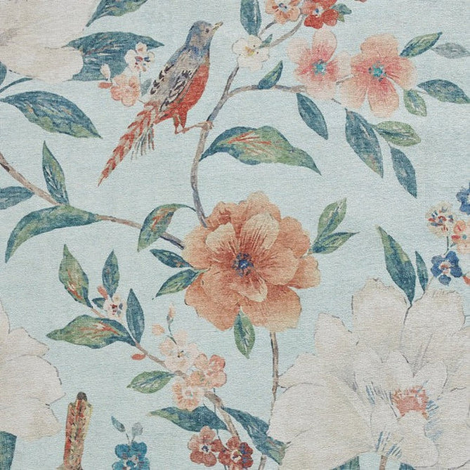 Washable Catherine Lansfield Pipa Floral Lightweight Printed Polyester Flatweave Powder Blue/Coral Red/Terra/Cream Rug-Think Rugs-Rug Love - The Most Loved Rug Store