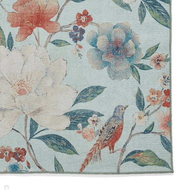 Washable Catherine Lansfield Pipa Floral Lightweight Printed Polyester Flatweave Powder Blue/Coral Red/Terra/Cream Rug-Think Rugs-Rug Love - The Most Loved Rug Store