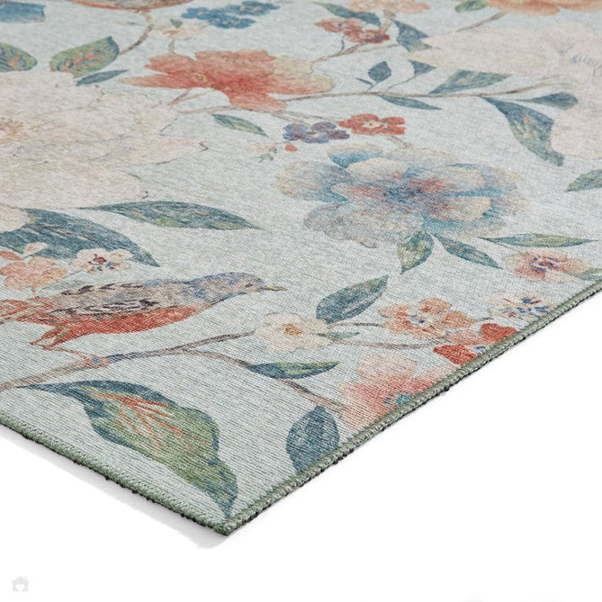 Washable Catherine Lansfield Pipa Floral Lightweight Printed Polyester Flatweave Powder Blue/Coral Red/Terra/Cream Rug-Think Rugs-Rug Love - The Most Loved Rug Store