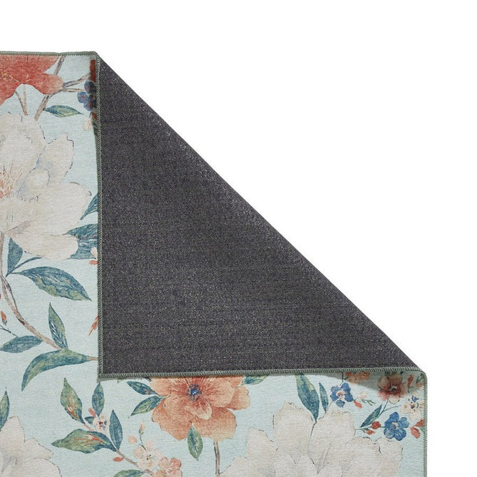 Washable Catherine Lansfield Pipa Floral Lightweight Printed Polyester Flatweave Powder Blue/Coral Red/Terra/Cream Rug-Think Rugs-Rug Love - The Most Loved Rug Store