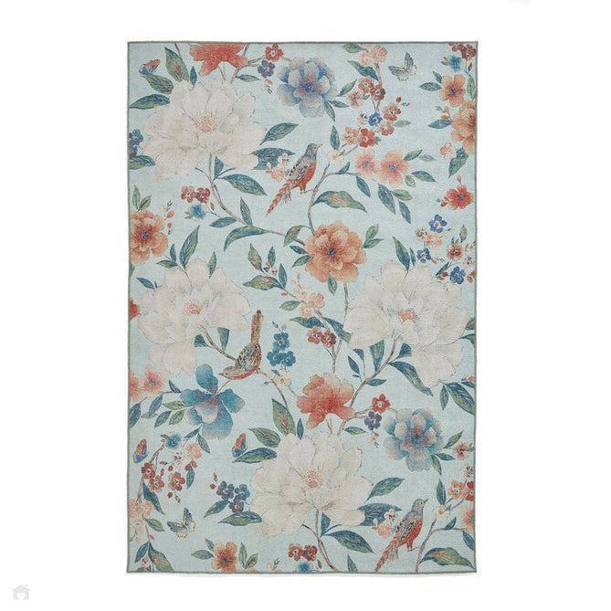 Washable Catherine Lansfield Pipa Floral Lightweight Printed Polyester Flatweave Powder Blue/Coral Red/Terra/Cream Rug-Think Rugs-Rug Love - The Most Loved Rug Store