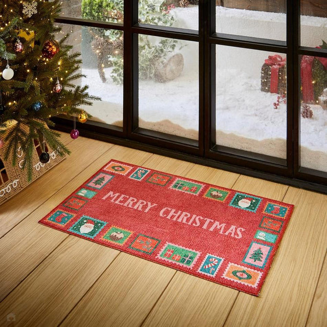 Washable Christmas Stamps Red Flatweave Rug-Think Rugs-Rug Love - The Most Loved Rug Store
