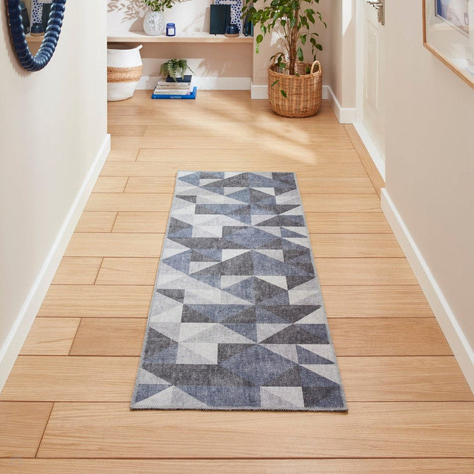 Washable Coral H1057 Modern Geometric Lightweight Printed Polyester Flatweave Blue/Grey Runner-Think Rugs-Rug Love - The Most Loved Rug Store