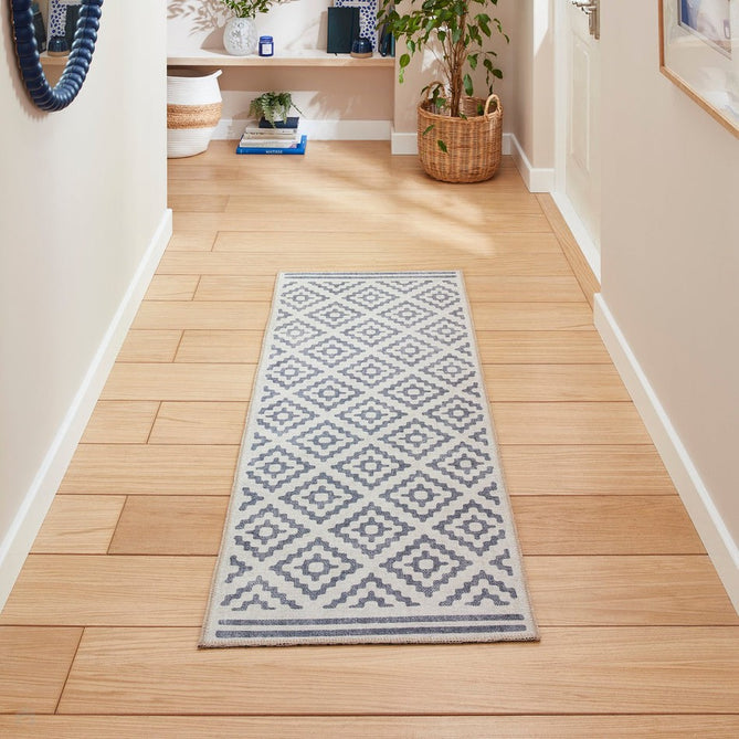 Washable Coral H1058 Modern Distressed Geometric Diamond Textured Recycled Lightweight Printed Polyester Flatweave Blue Rug-Think Rugs-Rug Love - The Most Loved Rug Store