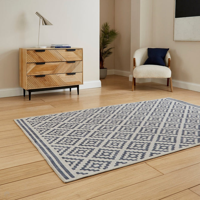 Washable Coral H1058 Modern Distressed Geometric Diamond Textured Recycled Lightweight Printed Polyester Flatweave Blue Rug-Think Rugs-Rug Love - The Most Loved Rug Store