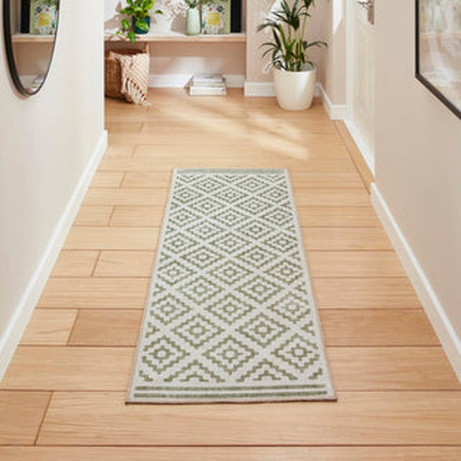 Washable Coral H1058 Modern Distressed Geometric Diamond Textured Recycled Lightweight Printed Polyester Flatweave Green Runner-Think Rugs-Rug Love - The Most Loved Rug Store