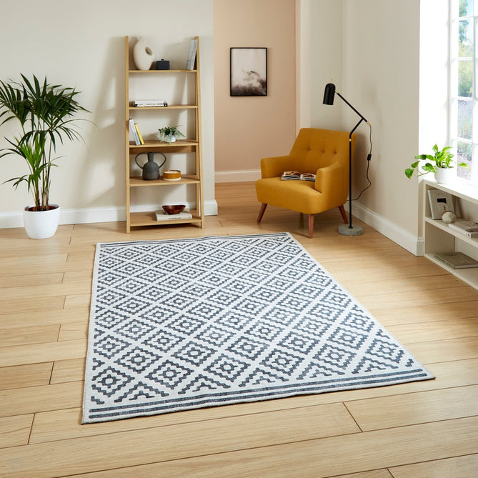 Washable Coral H1058 Modern Distressed Geometric Diamond Textured Recycled Lightweight Printed Polyester Flatweave Grey Rug-Think Rugs-Rug Love - The Most Loved Rug Store