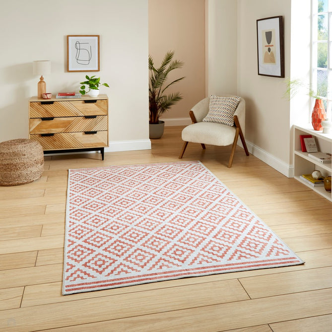 Washable Coral H1058 Modern Distressed Geometric Diamond Textured Recycled Lightweight Printed Polyester Flatweave Orange Rug-Think Rugs-Rug Love - The Most Loved Rug Store
