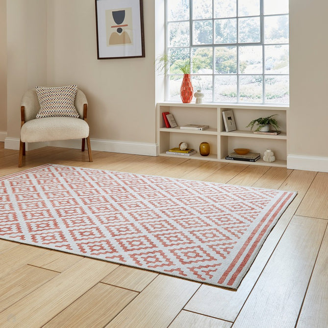 Washable Coral H1058 Modern Distressed Geometric Diamond Textured Recycled Lightweight Printed Polyester Flatweave Orange Rug-Think Rugs-Rug Love - The Most Loved Rug Store