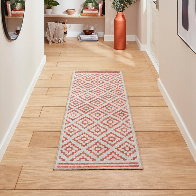 Washable Coral H1058 Modern Distressed Geometric Diamond Textured Recycled Lightweight Printed Polyester Flatweave Orange Runner-Think Rugs-Rug Love - The Most Loved Rug Store