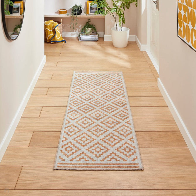 Washable Coral H1058 Modern Distressed Geometric Diamond Textured Recycled Lightweight Printed Polyester Flatweave Yellow Runner-Think Rugs-Rug Love - The Most Loved Rug Store