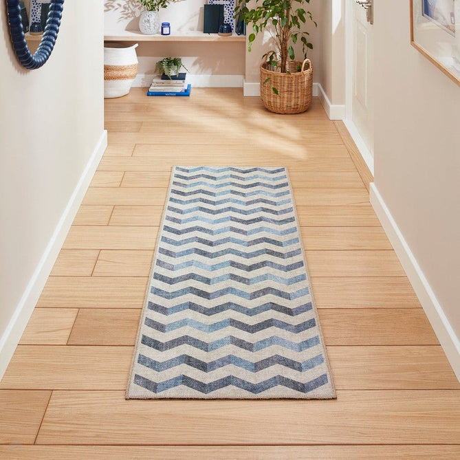 Washable Coral H1059 Modern Geometric Lightweight Printed Polyester Flatweave Blue Runner-Think Rugs-Rug Love - The Most Loved Rug Store