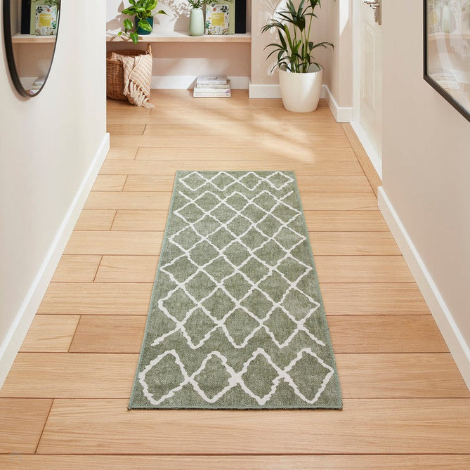 Washable Coral H1060 Modern Geometric Lightweight Printed Polyester Flatweave Green Runner-Think Rugs-Rug Love - The Most Loved Rug Store
