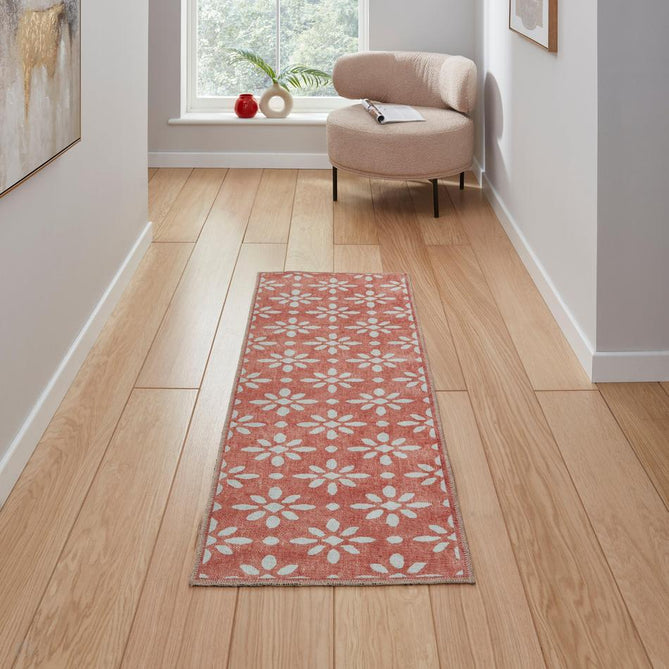 Washable Coral H1062 Modern Geometric Lightweight Printed Polyester Flatweave Orange Runner-Think Rugs-Rug Love - The Most Loved Rug Store