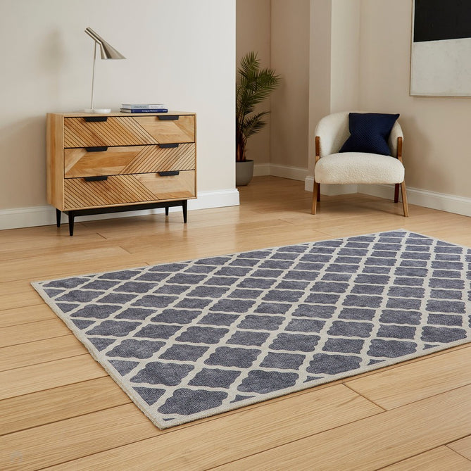 Washable Coral H1063 Modern Distressed Geometric Lattice Textured Recycled Lightweight Printed Polyester Flatweave Blue Rug-Think Rugs-Rug Love - The Most Loved Rug Store