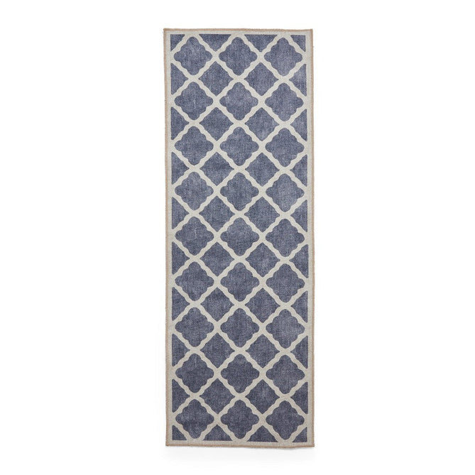 Washable Coral H1063 Modern Distressed Geometric Lattice Textured Recycled Lightweight Printed Polyester Flatweave Blue Runner-Think Rugs-Rug Love - The Most Loved Rug Store