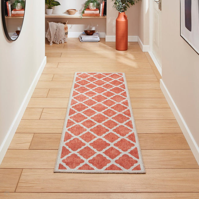 Washable Coral H1063 Modern Distressed Geometric Lattice Textured Recycled Lightweight Printed Polyester Flatweave Orange Rug-Think Rugs-Rug Love - The Most Loved Rug Store