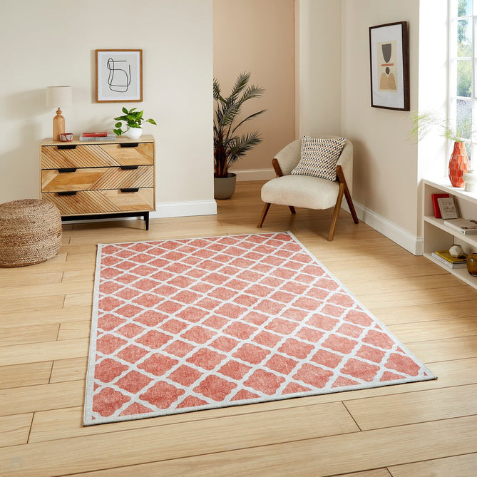 Washable Coral H1063 Modern Distressed Geometric Lattice Textured Recycled Lightweight Printed Polyester Flatweave Orange Rug-Think Rugs-Rug Love - The Most Loved Rug Store