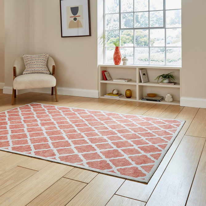 Washable Coral H1063 Modern Distressed Geometric Lattice Textured Recycled Lightweight Printed Polyester Flatweave Orange Rug-Think Rugs-Rug Love - The Most Loved Rug Store