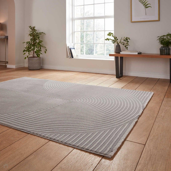 Washable Flores 1924 Modern Plain Geometric Spiral Soft-Touch Textured Carved Hi-Lo Eco-Recycled Polyester Grey/Light Grey Rug-Think Rugs-Rug Love - The Most Loved Rug Store
