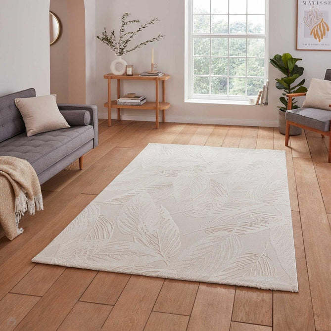 Washable Flores 1925 Modern Floral Leaf Verdant Soft-Touch Textured Carved Hi-Lo Eco-Recycled Polyester Cream/Ivory Rug-Think Rugs-Rug Love - The Most Loved Rug Store