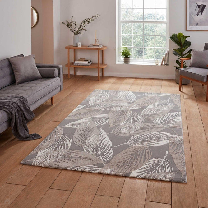 Washable Flores 1925 Modern Floral Leaf Verdant Soft-Touch Textured Carved Hi-Lo Eco-Recycled Polyester Grey/Cream/Beige Rug-Think Rugs-Rug Love - The Most Loved Rug Store