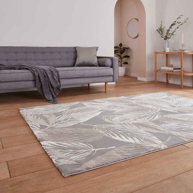 Washable Flores 1925 Modern Floral Leaf Verdant Soft-Touch Textured Carved Hi-Lo Eco-Recycled Polyester Grey/Cream/Beige Rug-Think Rugs-Rug Love - The Most Loved Rug Store