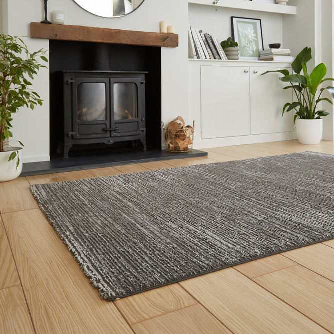 Washable Flores 1930 Modern Plain Tonal Lines Soft-Touch Textured Carved Hi-Lo Eco-Recycled Polyester Charcoal/Cream Rug-Think Rugs-Rug Love - The Most Loved Rug Store