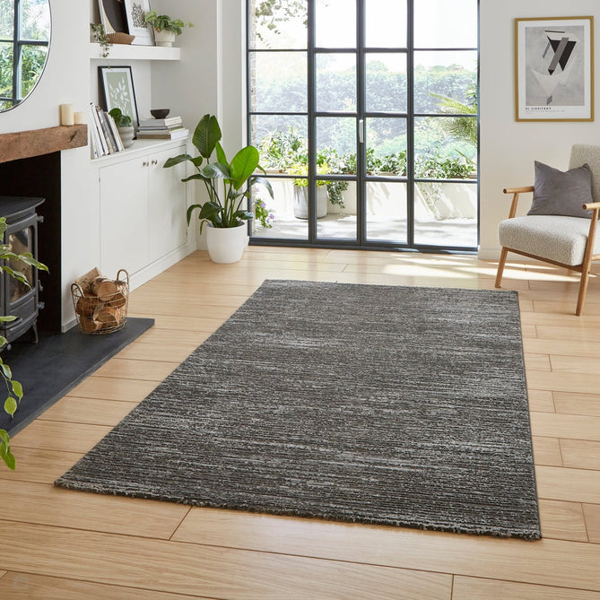 Washable Flores 1930 Modern Super-Soft Plain Subtle Lines Textured Eco-Friendly Recycled Polyester Pile Charcoal/Cream Rug-Think Rugs-Rug Love - The Most Loved Rug Store
