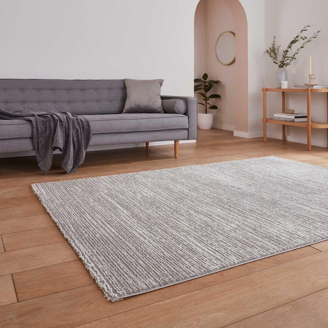 Washable Flores 1930 Modern Super Soft Plain Subtle Lines Textured Eco-Friendly Recycled Polyester Pile Grey/Cream Rug-Think Rugs-Rug Love - The Most Loved Rug Store