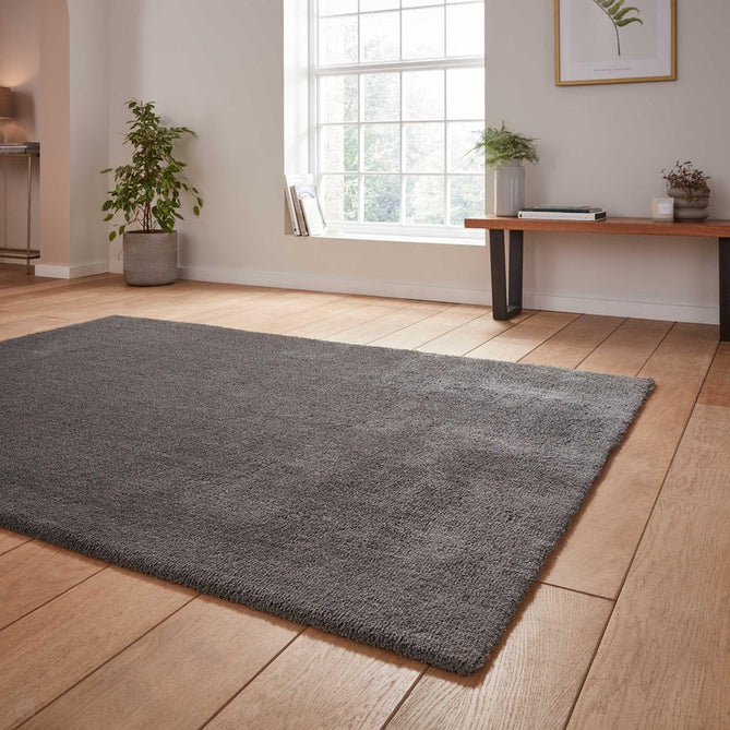 Washable Kara Modern Plain Tonal Shimmer Soft-Touch Textured Eco-Recycled Polyester Sleek Low Profile Shaggy Pile Charcoal Rug-Think Rugs-Rug Love - The Most Loved Rug Store