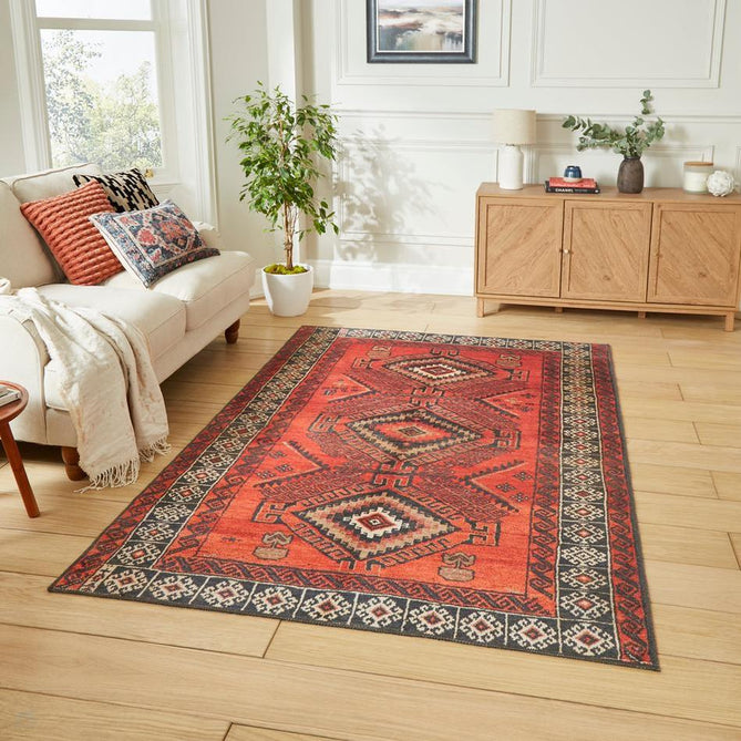 Washable Kashmar 2016 Traditional Persian Tribal Diamond Medallion Border Soft Digitally Printed Lightweight Textured Polyester Flatweave Burnt Terracotta Red/Deep Crimson Red/Charcoal/Ivory//Grey/Brown Rug-Think Rugs-Rug Love - The Most Loved Rug Store