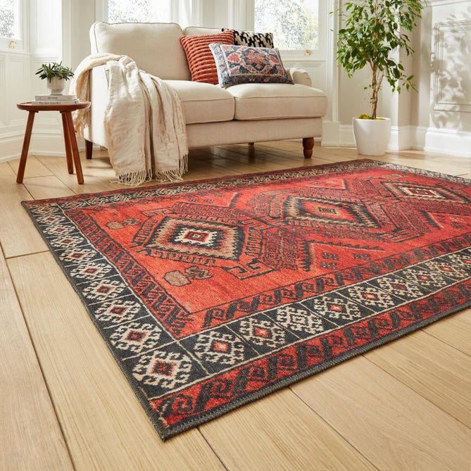 Washable Kashmar 2016 Traditional Persian Tribal Diamond Medallion Border Soft Digitally Printed Lightweight Textured Polyester Flatweave Burnt Terracotta Red/Deep Crimson Red/Charcoal/Ivory//Grey/Brown Rug-Think Rugs-Rug Love - The Most Loved Rug Store