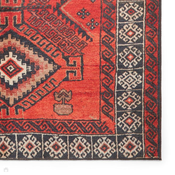Washable Kashmar 2016 Traditional Persian Tribal Diamond Medallion Border Soft Digitally Printed Lightweight Textured Polyester Flatweave Burnt Terracotta Red/Deep Crimson Red/Charcoal/Ivory//Grey/Brown Rug-Think Rugs-Rug Love - The Most Loved Rug Store