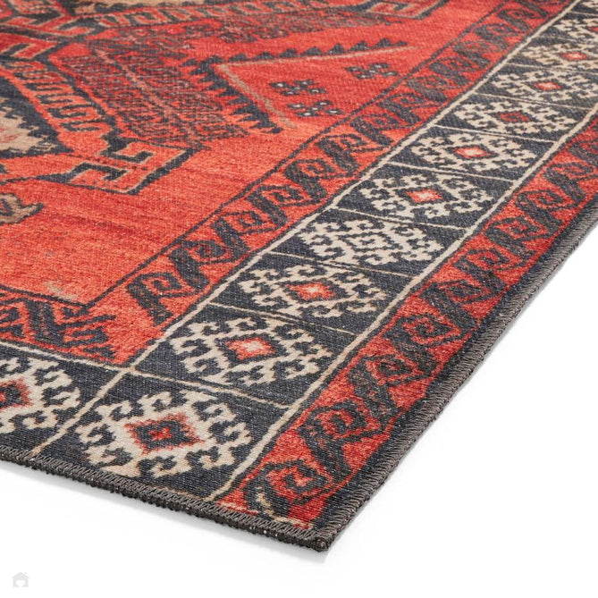Washable Kashmar 2016 Traditional Persian Tribal Diamond Medallion Border Soft Digitally Printed Lightweight Textured Polyester Flatweave Burnt Terracotta Red/Deep Crimson Red/Charcoal/Ivory//Grey/Brown Rug-Think Rugs-Rug Love - The Most Loved Rug Store