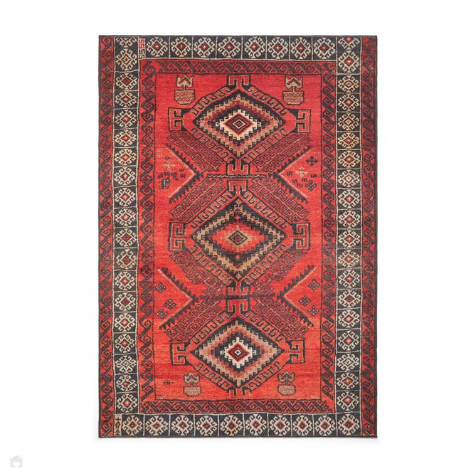 Washable Kashmar 2016 Traditional Persian Tribal Diamond Medallion Border Soft Digitally Printed Lightweight Textured Polyester Flatweave Burnt Terracotta Red/Deep Crimson Red/Charcoal/Ivory//Grey/Brown Rug-Think Rugs-Rug Love - The Most Loved Rug Store