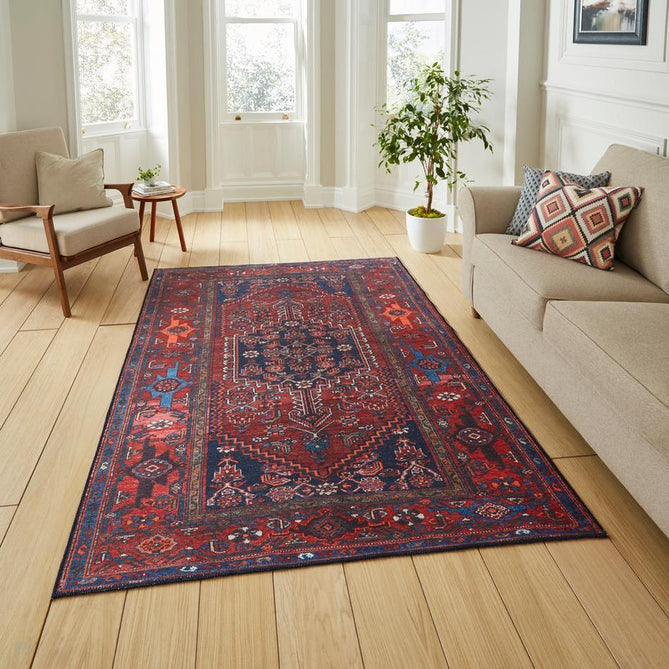 Washable Kashmar 2017 Traditional Persian Heriz Medallion Border Soft Digitally Printed Lightweight Textured Polyester Flatweave Deep Crimson Red/Rust Red/Navy/Ivory/Grey/Orange Rug-Think Rugs-Rug Love - The Most Loved Rug Store