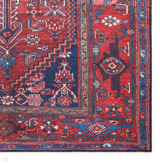 Washable Kashmar 2017 Traditional Persian Heriz Medallion Border Soft Digitally Printed Lightweight Textured Polyester Flatweave Deep Crimson Red/Rust Red/Navy/Ivory/Grey/Orange Rug-Think Rugs-Rug Love - The Most Loved Rug Store