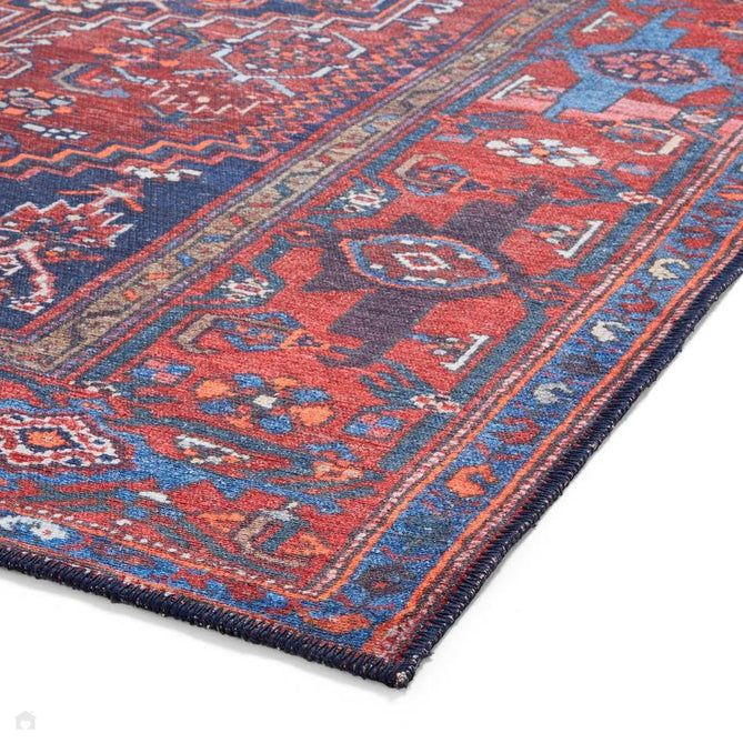 Washable Kashmar 2017 Traditional Persian Heriz Medallion Border Soft Digitally Printed Lightweight Textured Polyester Flatweave Deep Crimson Red/Rust Red/Navy/Ivory/Grey/Orange Rug-Think Rugs-Rug Love - The Most Loved Rug Store